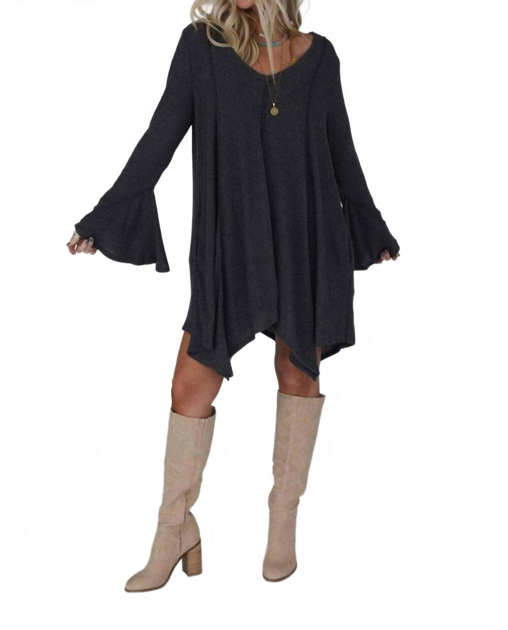 NEW THREE BIRD NEST long bell sleeve tunic dress in charcoal